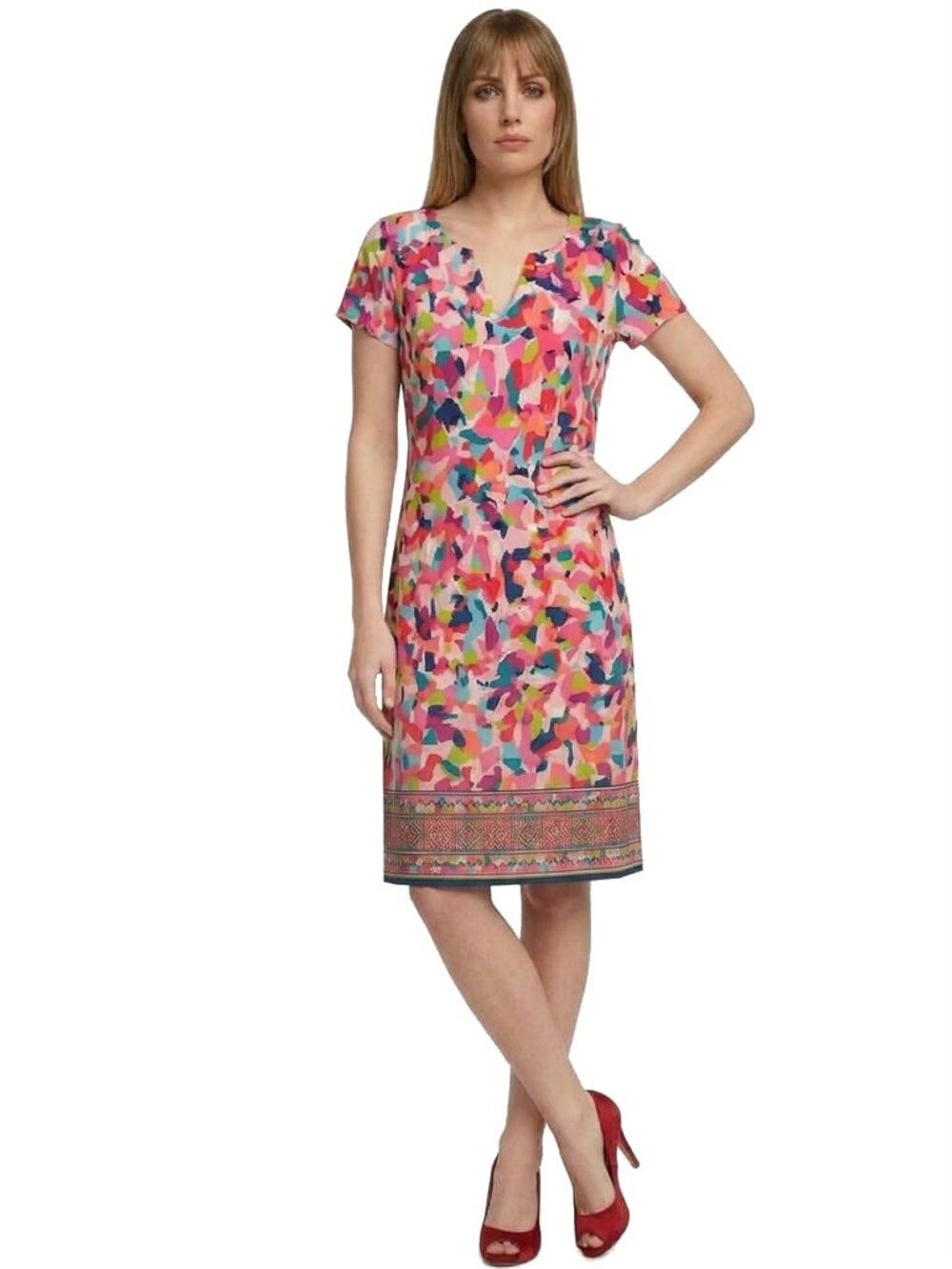 Cappagallo Shift Dress Abstract Print Jersey Knit Colourful Fun V-Neck